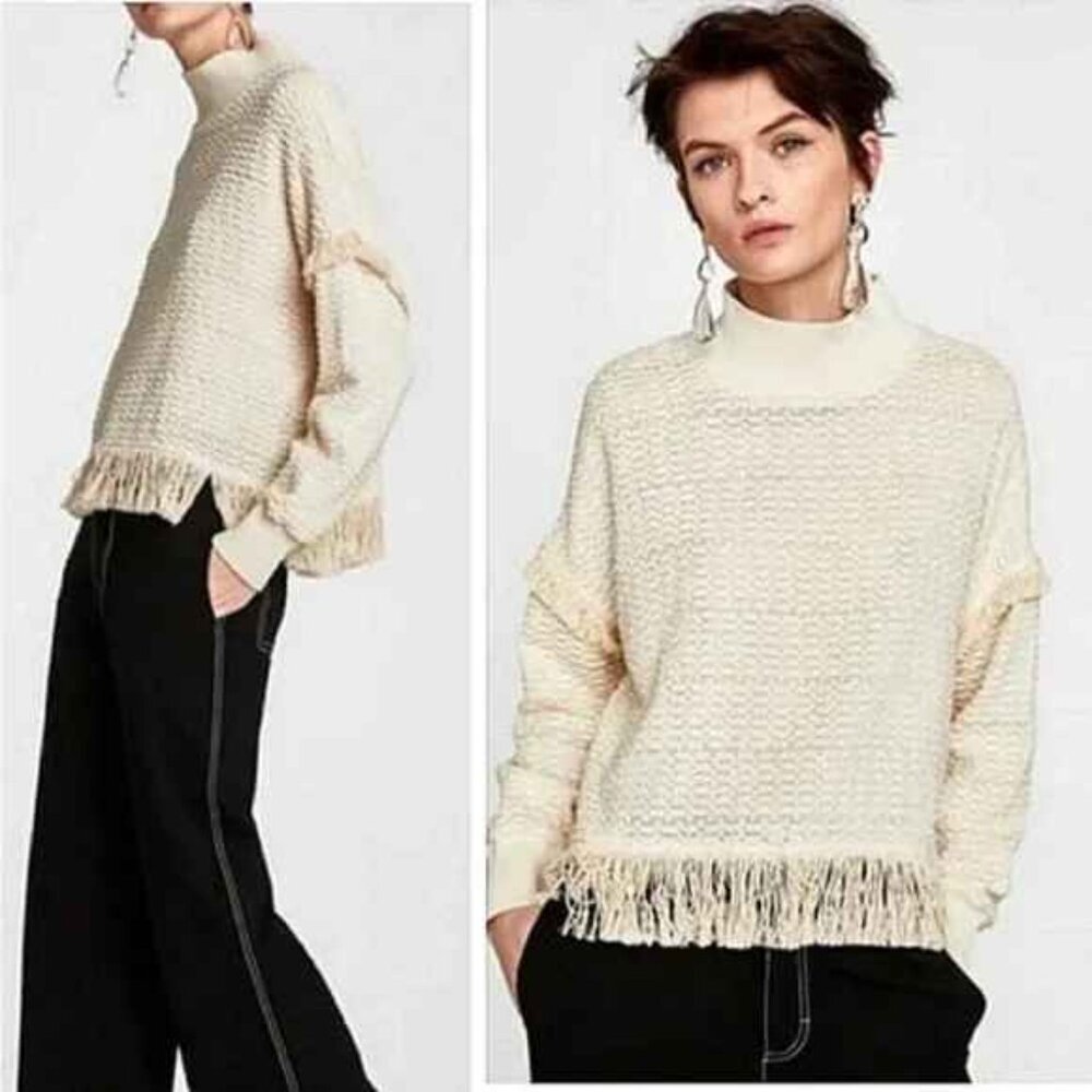 Zara Cream Mock Neck Fringe Knit Sweater-NWOT
